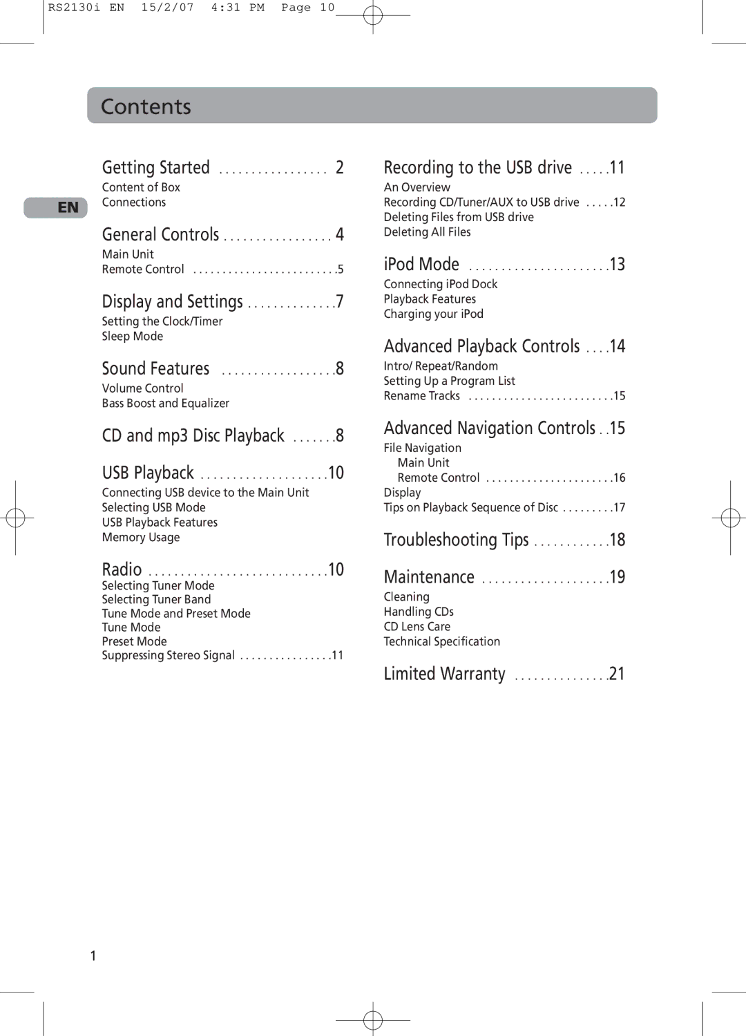 RCA RS2130i user manual Contents 