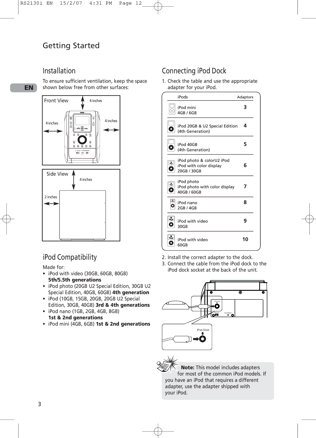 RCA RS2130i user manual Getting Started Installation, Connecting iPod Dock, IPod Compatibility, 5th/5.5th generations 