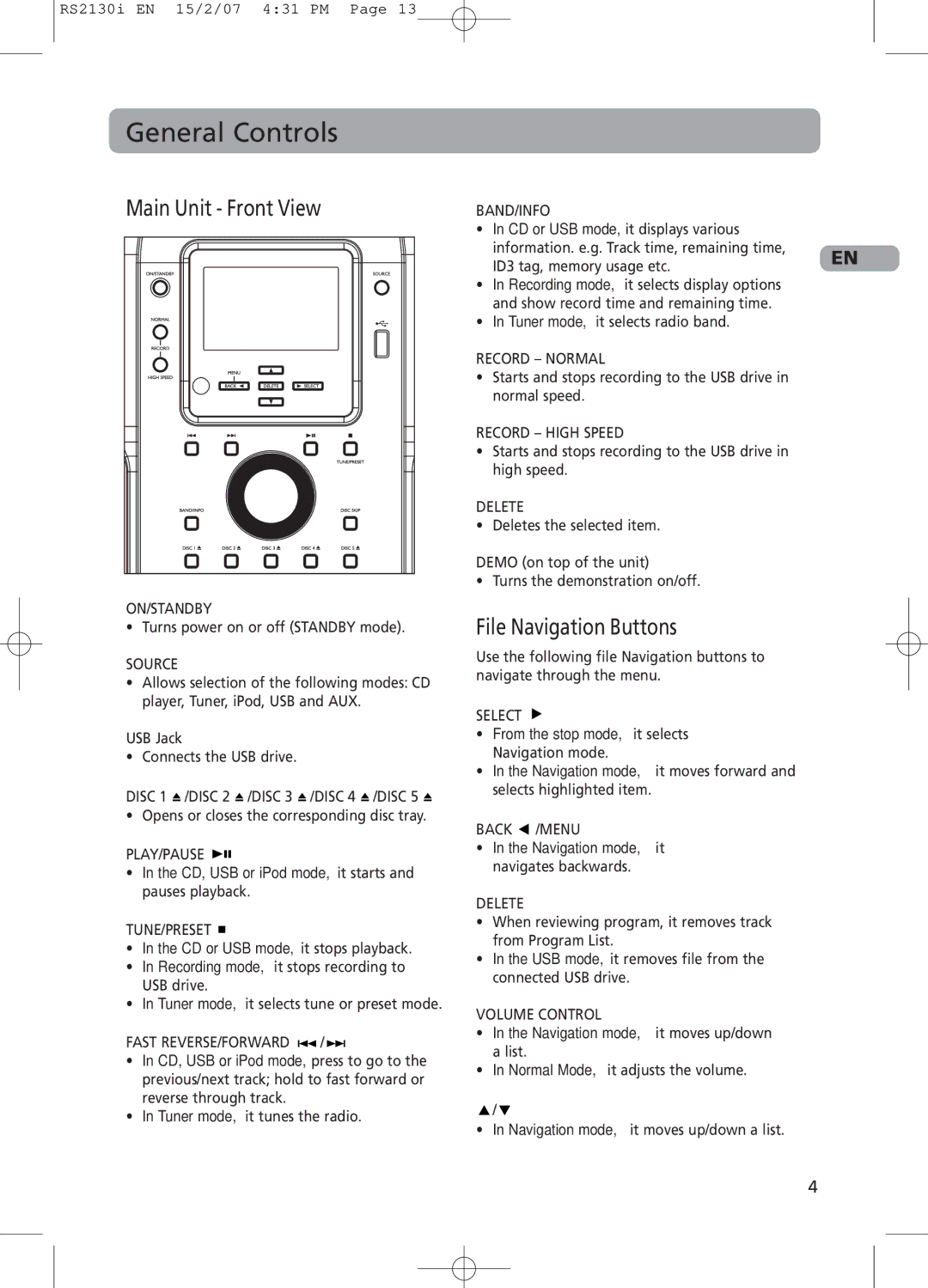 RCA RS2130i user manual General Controls, Main Unit Front View, File Navigation Buttons 