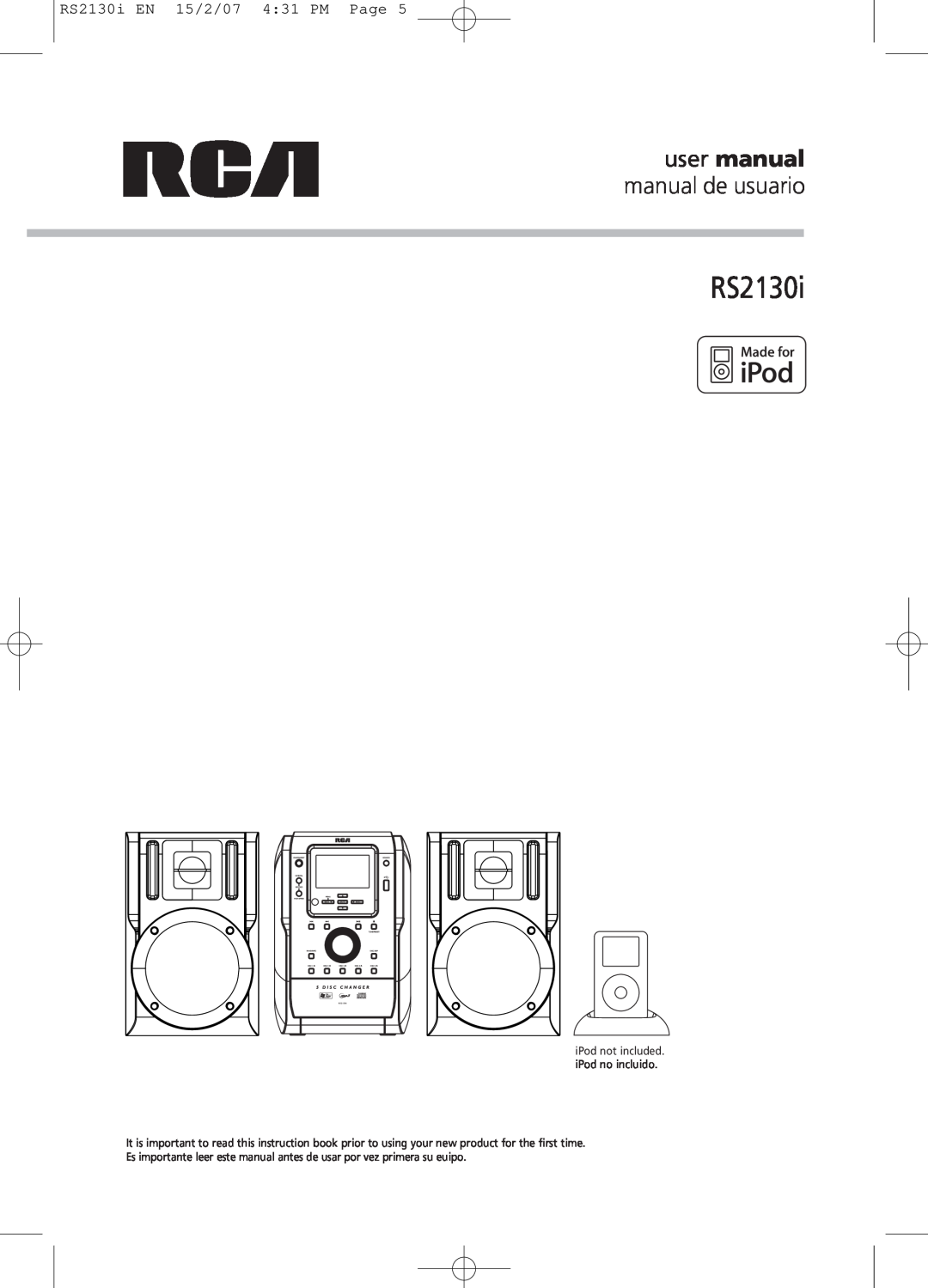 RCA user manual RS2130i EN 15/2/07 4 31 PM Page, iPod not included. iPod no incluido 