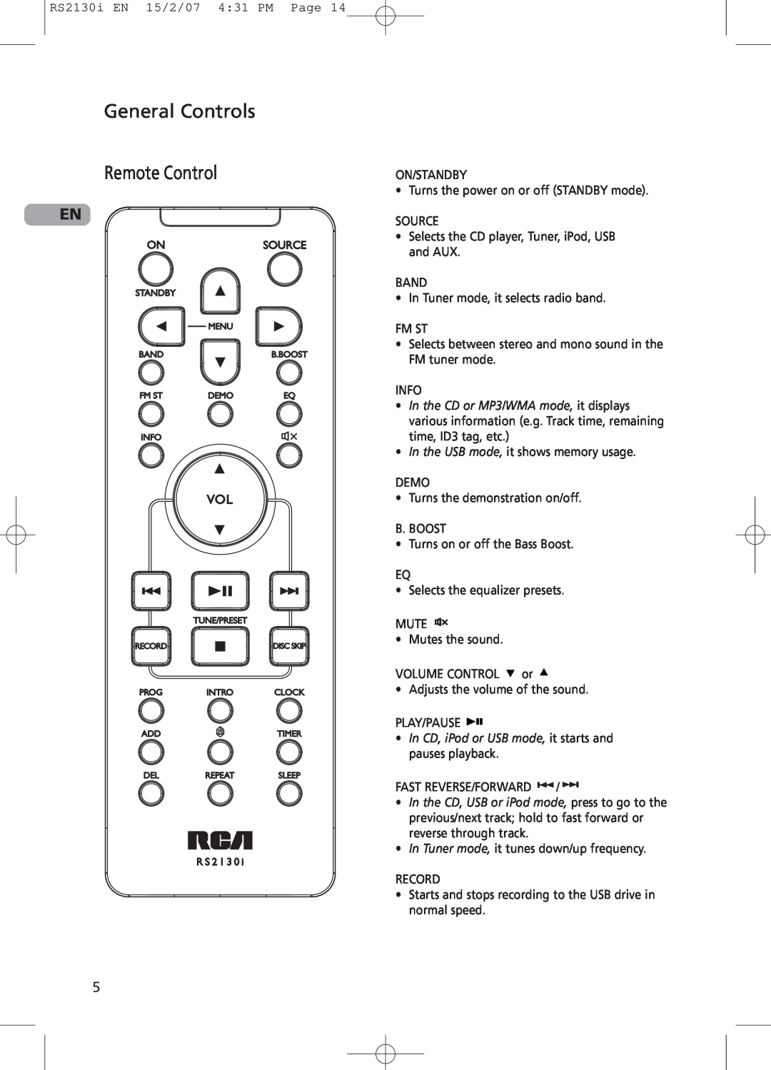 RCA RS2130i user manual General Controls Remote Control 