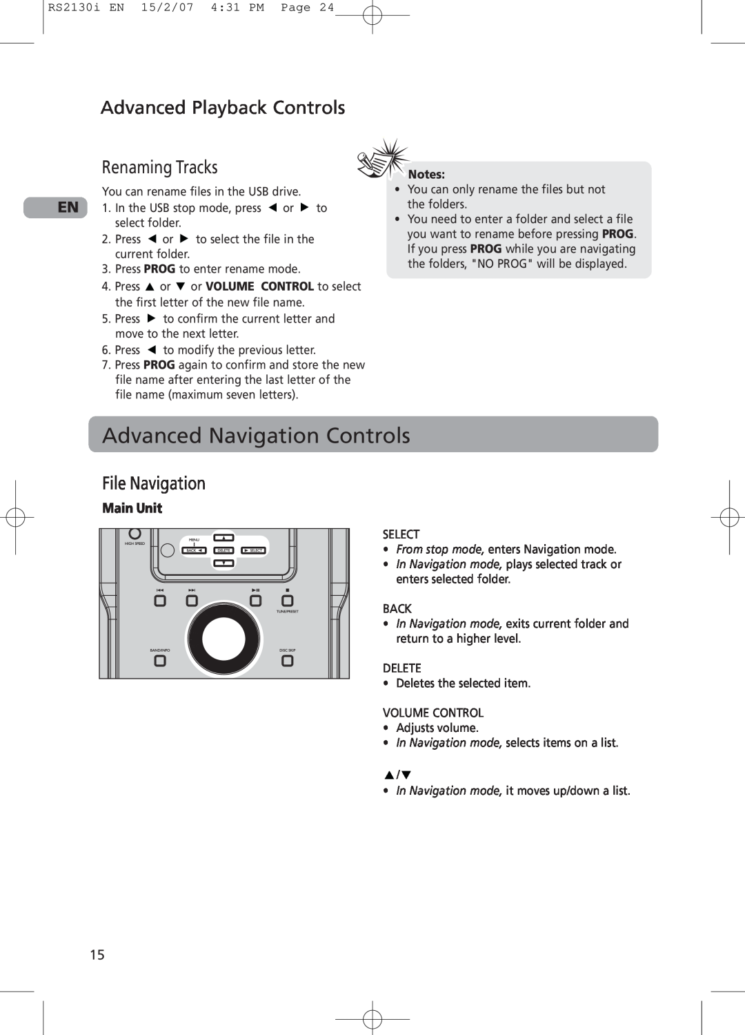 RCA RS2130i Advanced Navigation Controls, Advanced Playback Controls Renaming Tracks, File Navigation, Main Unit 