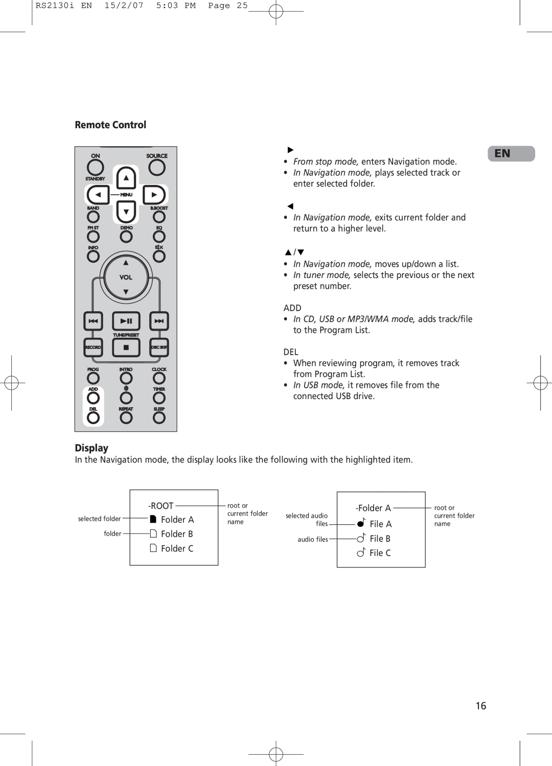 RCA RS2130i user manual Remote Control, Display 