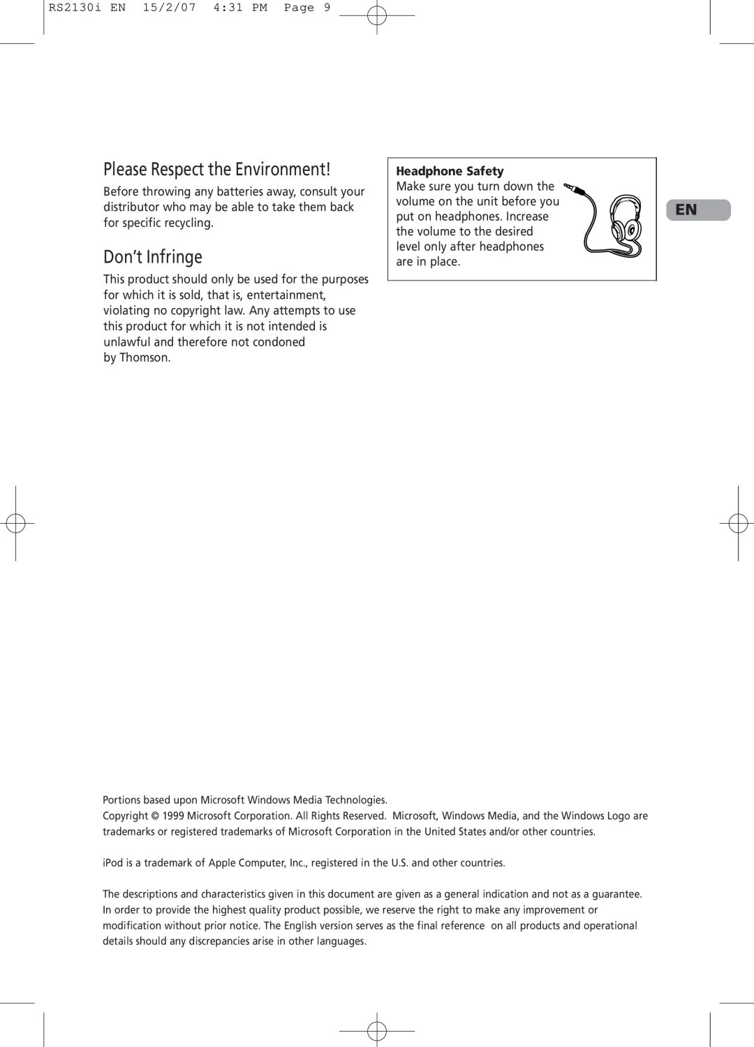 RCA RS2130i user manual Please Respect the Environment, Don’t Infringe, Headphone Safety 