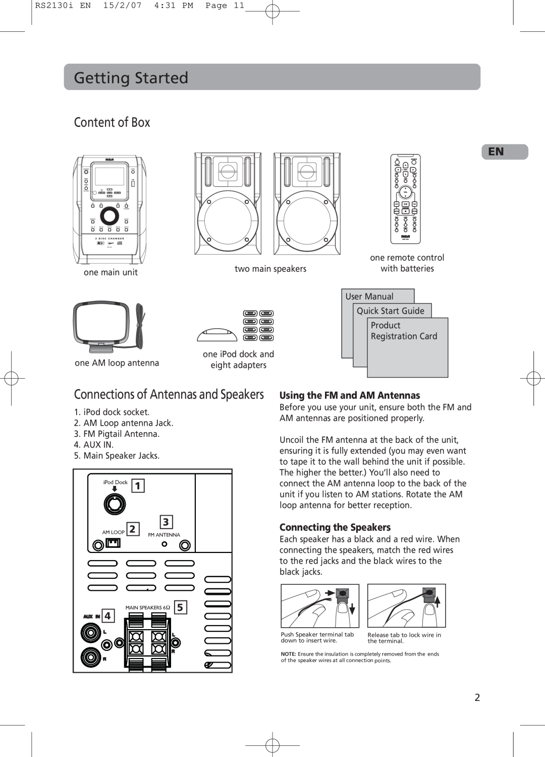 RCA RS2130i user manual Getting Started, Content of Box, Using the FM and AM Antennas, Connecting the Speakers 