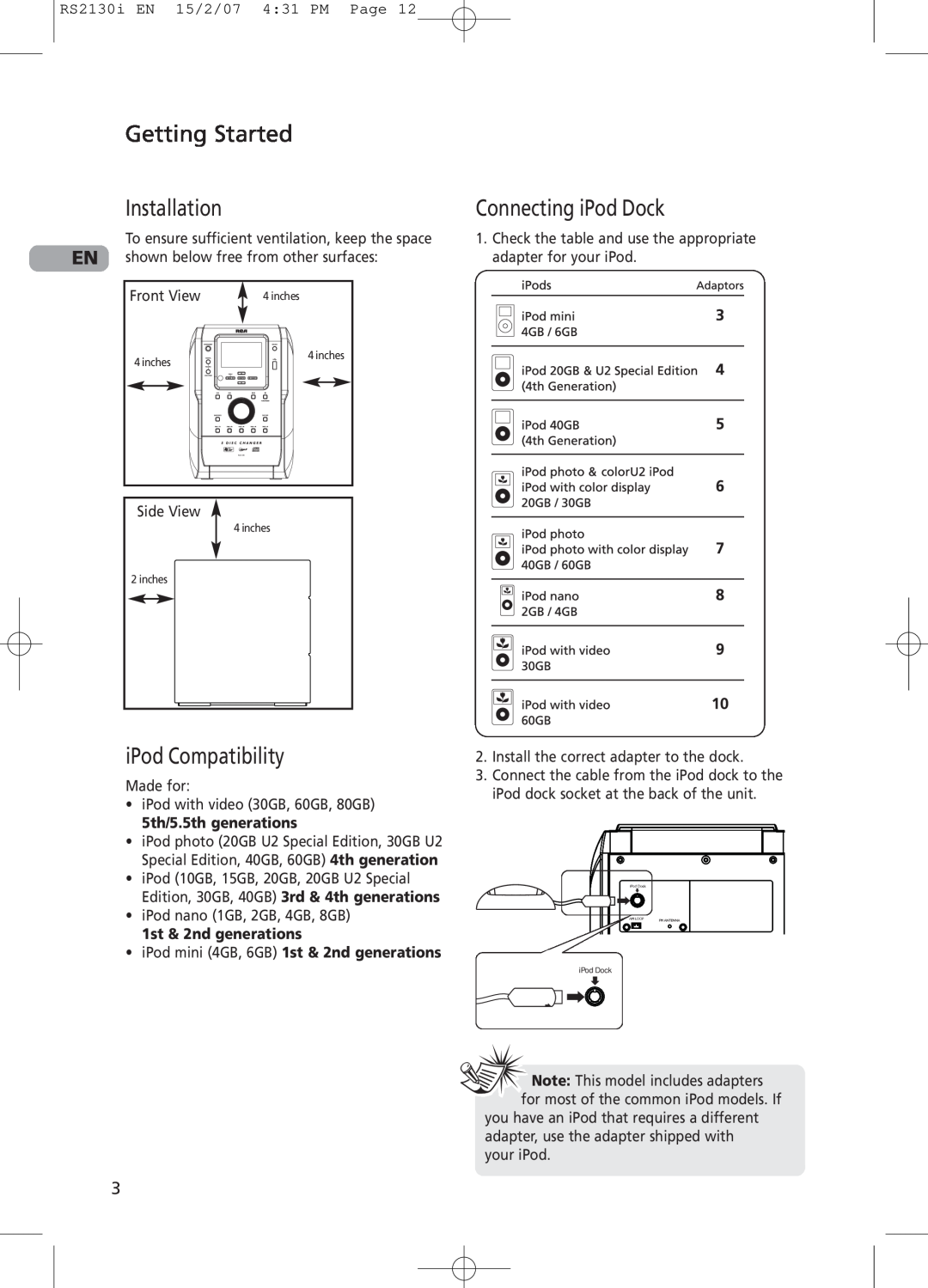 RCA RS2130i user manual Getting Started Installation, Connecting iPod Dock, iPod Compatibility, 5th/5.5th generations 