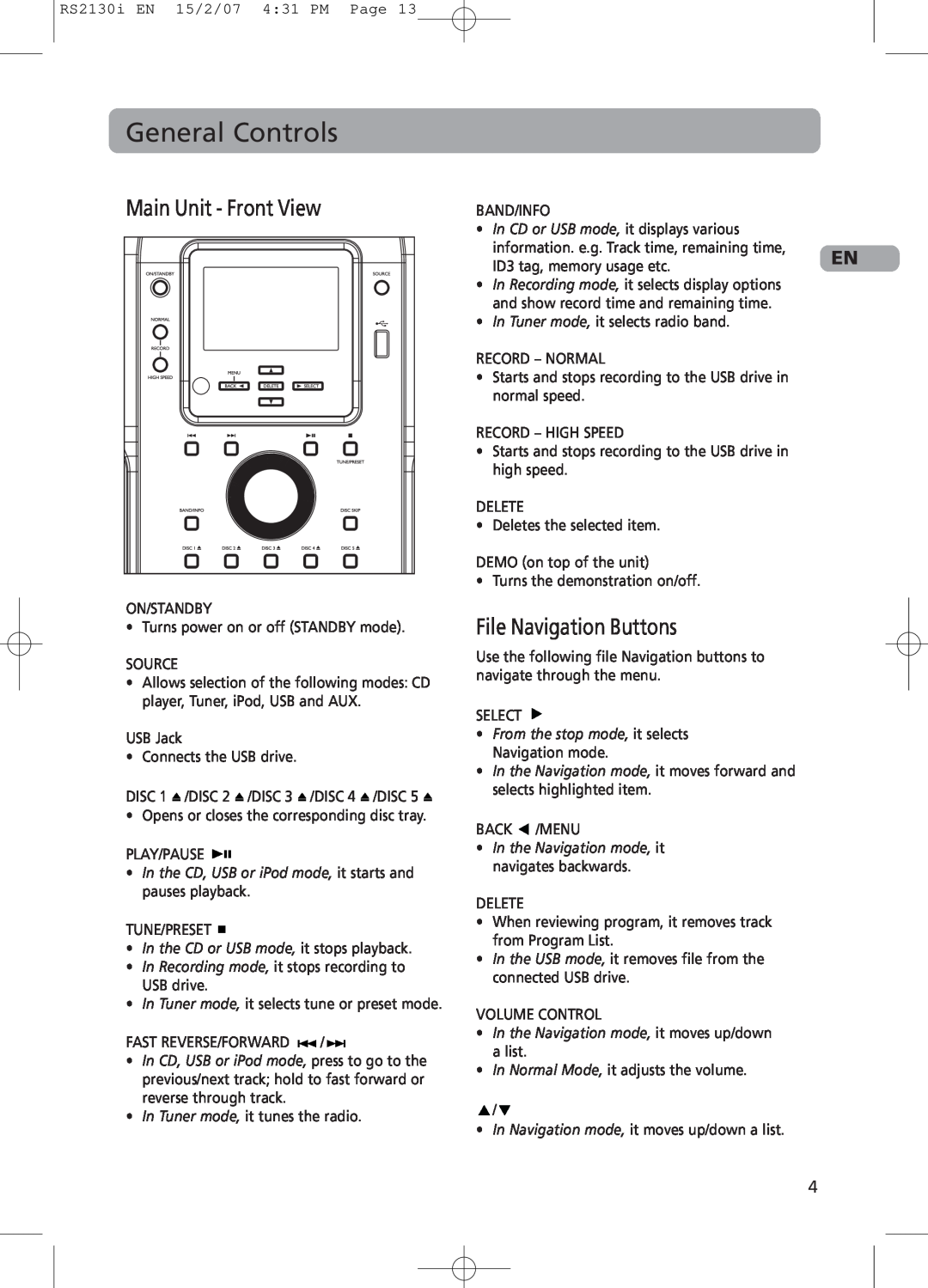 RCA RS2130i user manual General Controls, Main Unit - Front View, File Navigation Buttons 