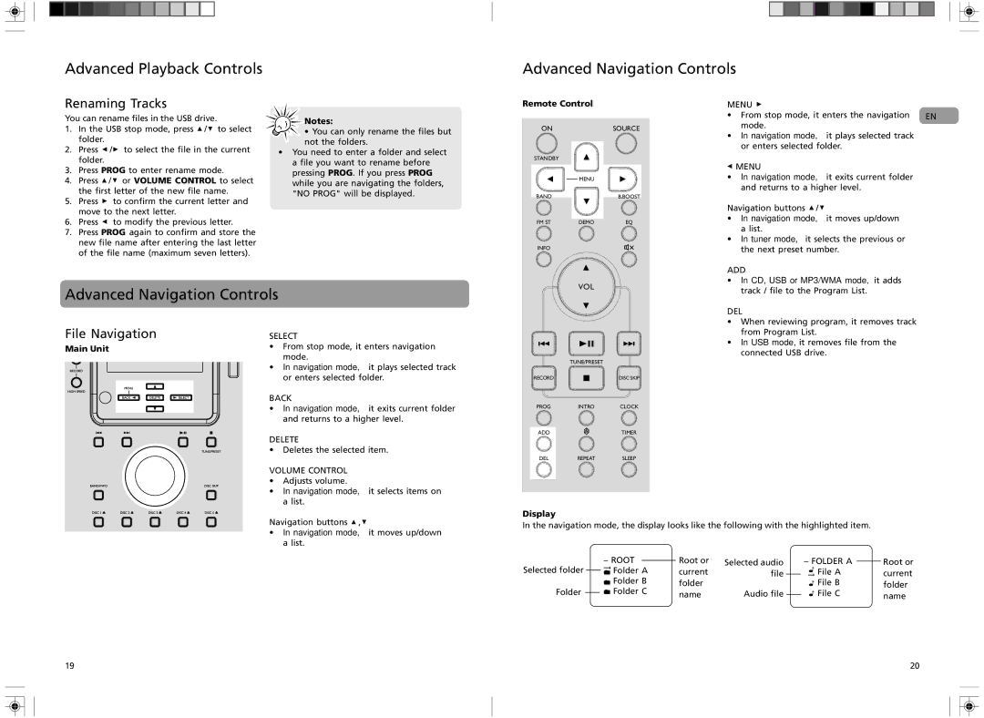 RCA RS2135i user manual Advanced Playback Controls Advanced Navigation Controls, Renaming Tracks, File Navigation 