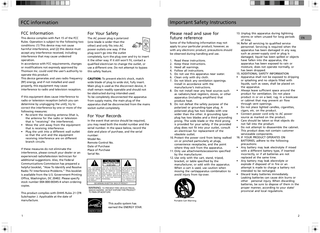 RCA RS2135i user manual FCC information Important Safety Instructions, FCC Information, For Your Safety, For Your Records 