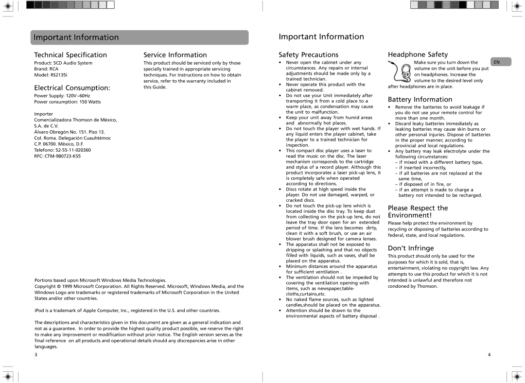 RCA RS2135i user manual Important Information 