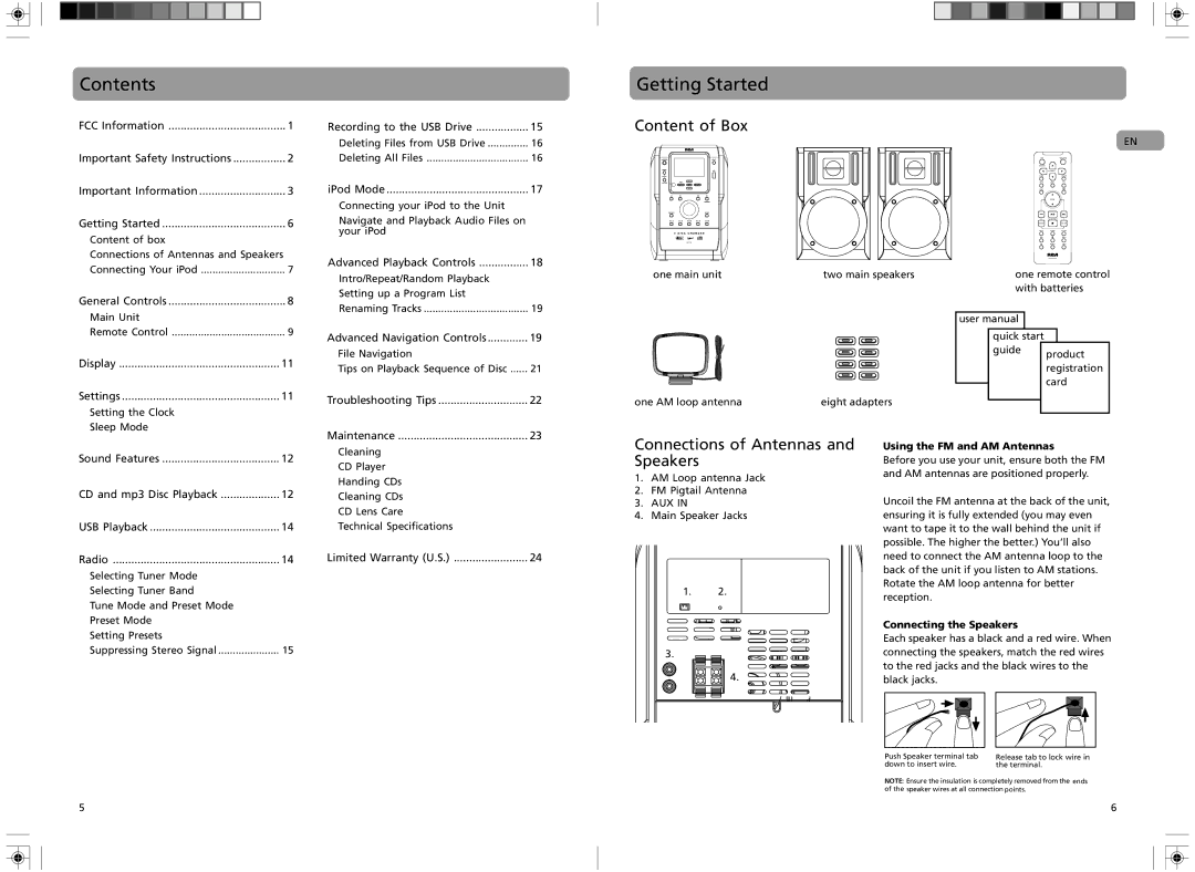 RCA RS2135i user manual Contents, Getting Started 