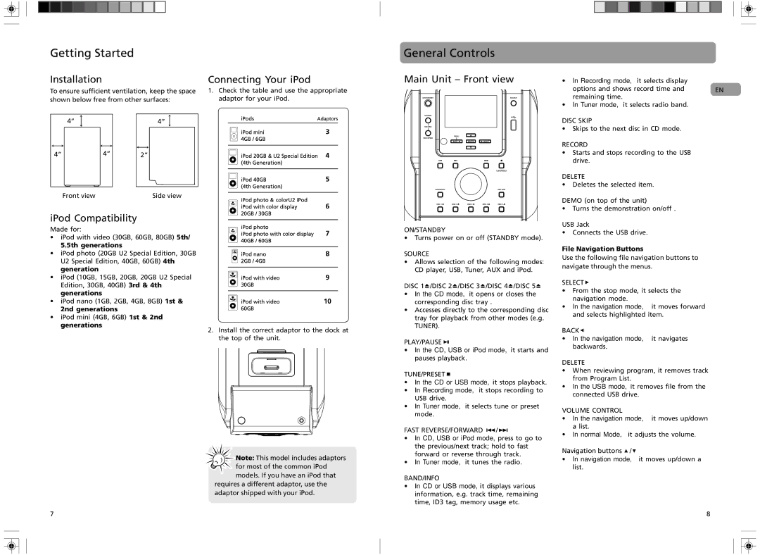 RCA RS2135i user manual General Controls, Installation Connecting Your iPod, Main Unit Ð Front view, IPod Compatibility 