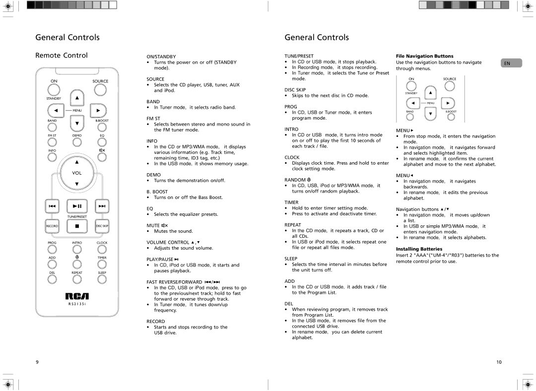 RCA RS2135i user manual Remote Control, Installing Batteries 