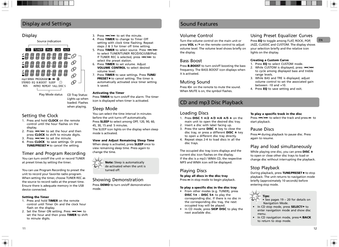 RCA RS2135i user manual Display and Settings, Sound Features, CD and mp3 Disc Playback 