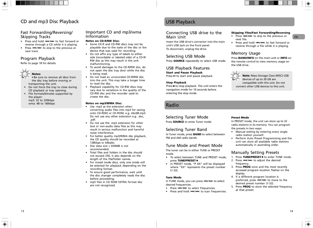 RCA RS2135i user manual USB Playback, Radio 