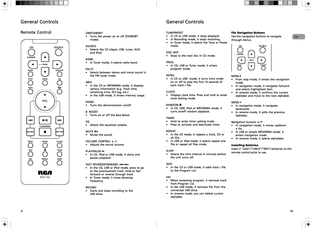 RCA RS2135i user manual General Controls, ¥In CD or USB mode, it stops playback, ¥In Recording mode, it stops recording 