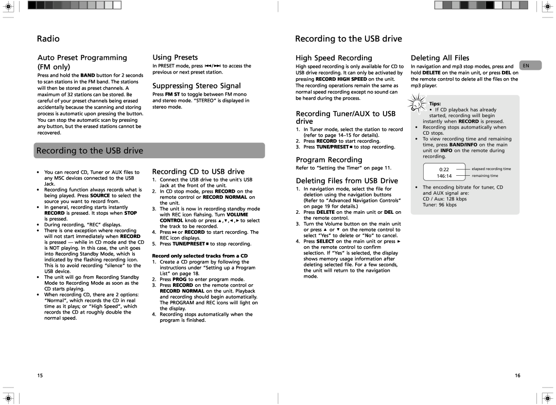 RCA RS2135i user manual Recording to the USB drive, Radio, Tips, Record only selected tracks from a CD 