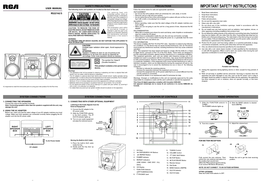 RCA RS22162 S important safety instructions Safety Precautions, System Connections, Location of Controls Radio Operation 