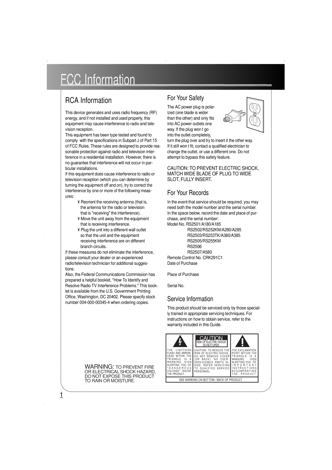 RCA RS253TK, RS255KM, RS2507, A280 FCC Information, RCA Information, For Your Safety, For Your Records, Service Information 