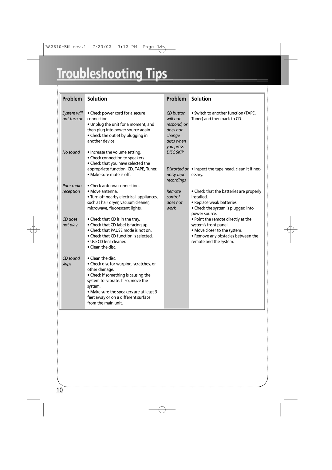 RCA RS2610 manual Troubleshooting Tips, Problem Solution 