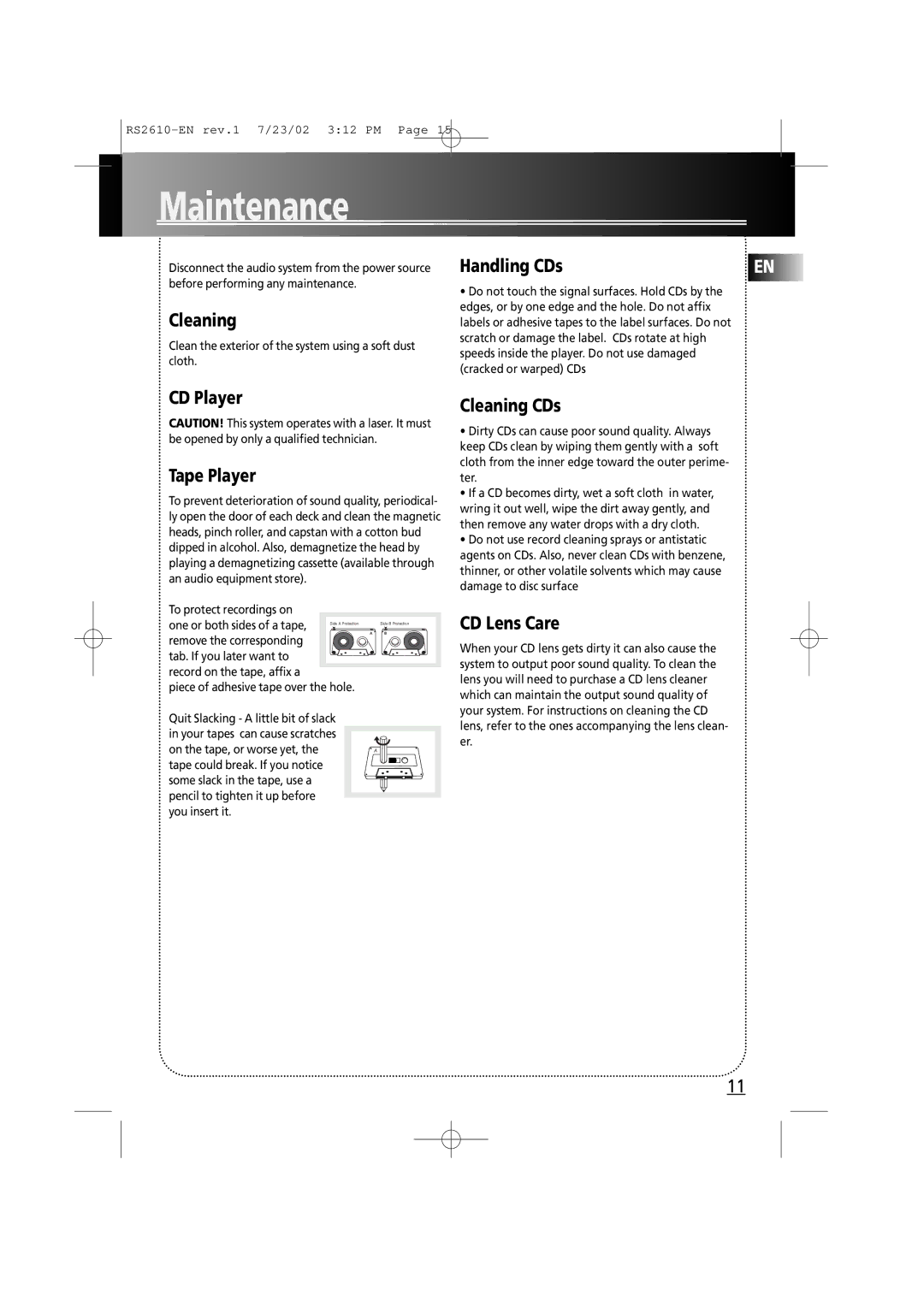 RCA RS2610 manual Maintenance, CD Player Tape Player, Cleaning CDs, CD Lens Care 