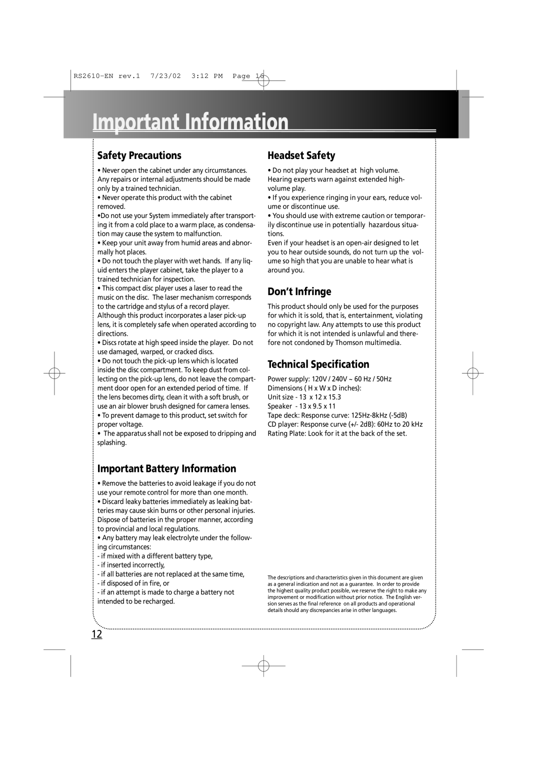 RCA RS2610 manual Important Information 