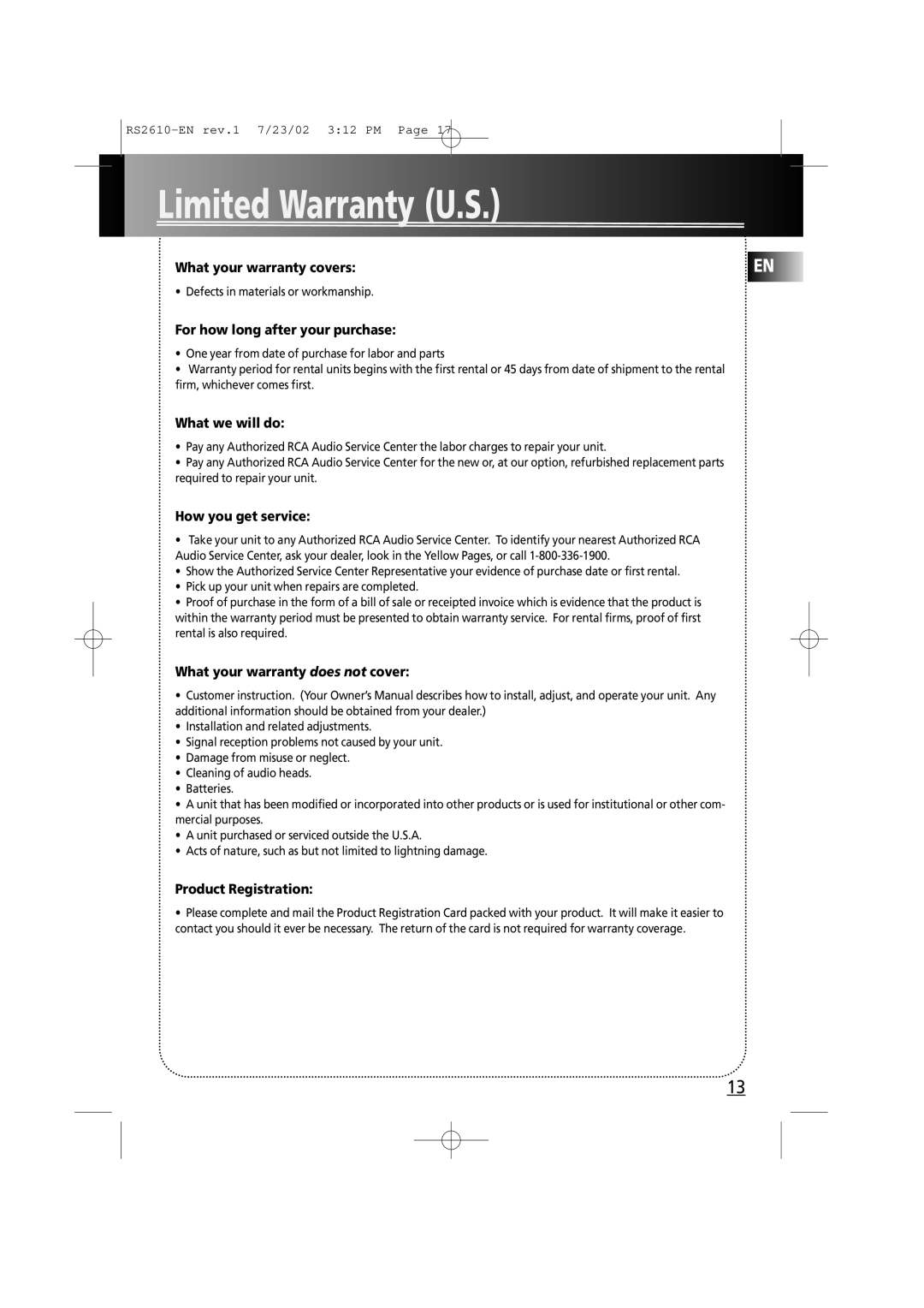 RCA RS2610 manual Limited Warranty U.S 