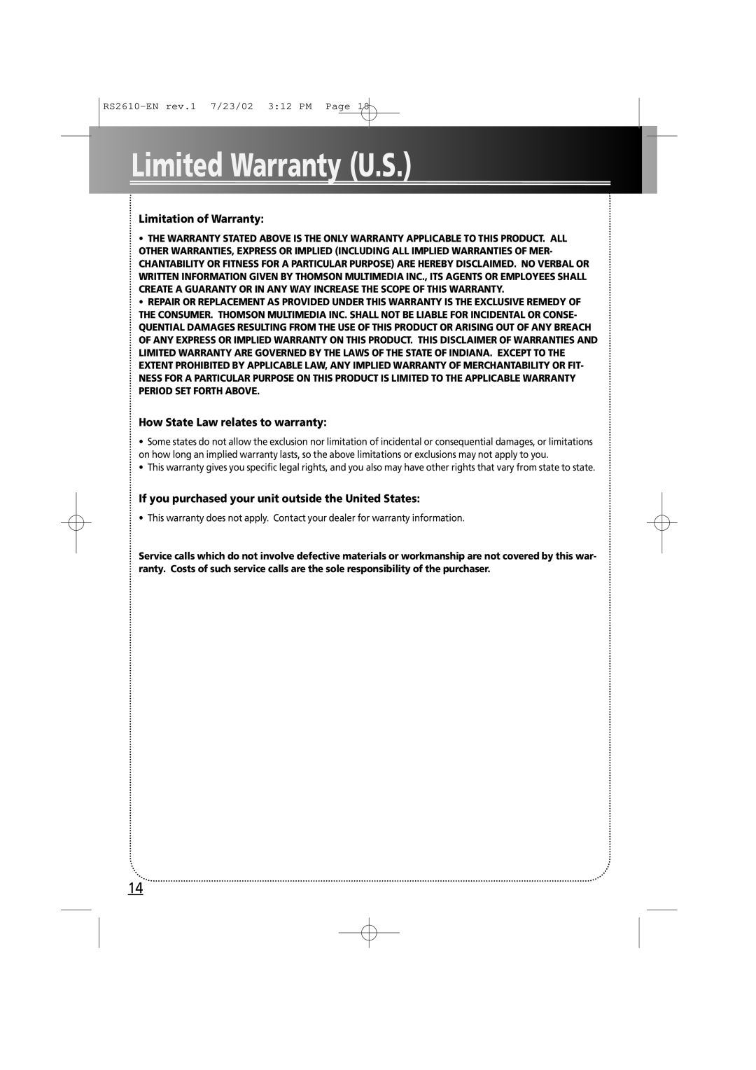 RCA RS2610 Limitation of Warranty, How State Law relates to warranty, If you purchased your unit outside the United States 