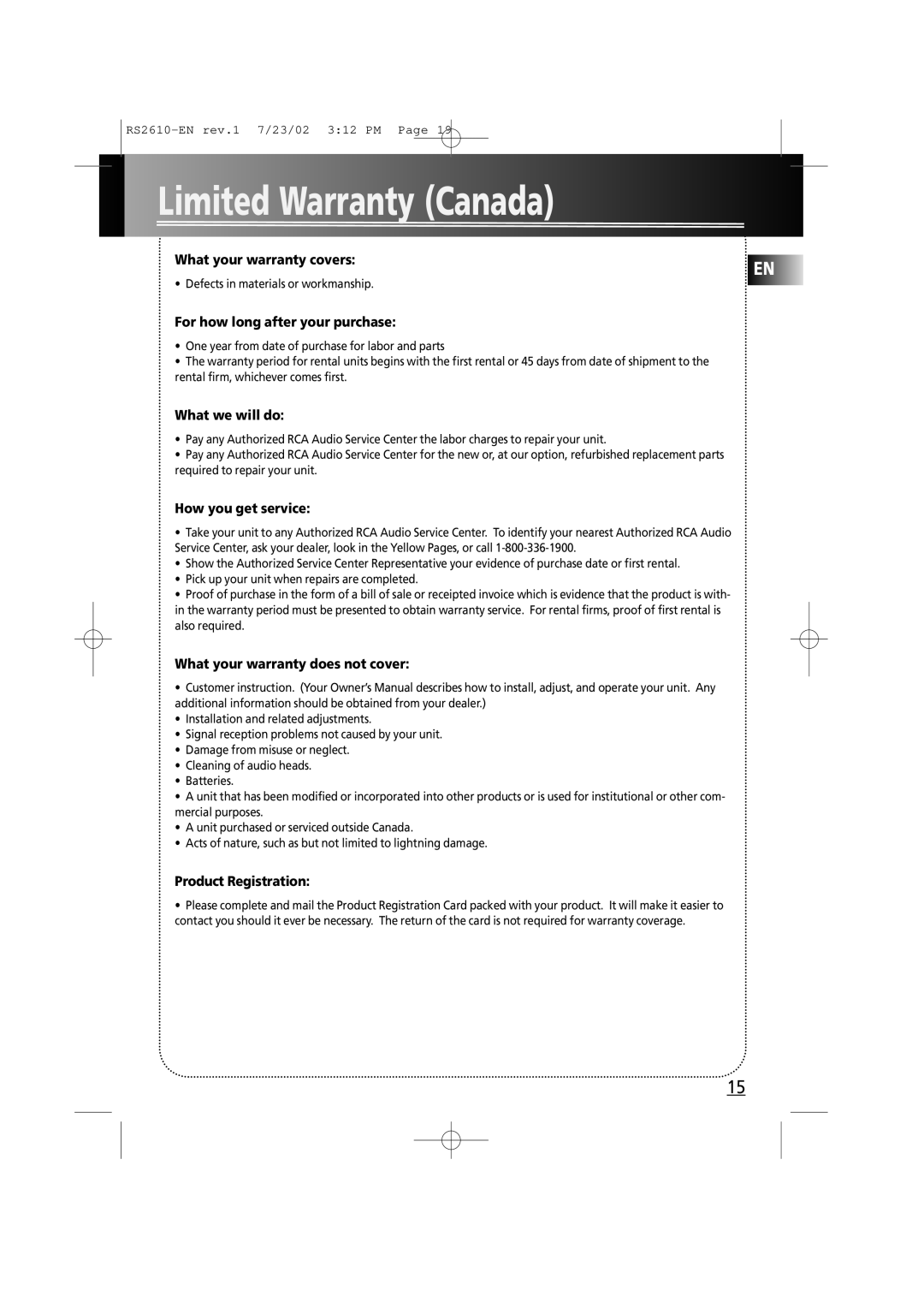 RCA RS2610 manual Limited Warranty Canada 