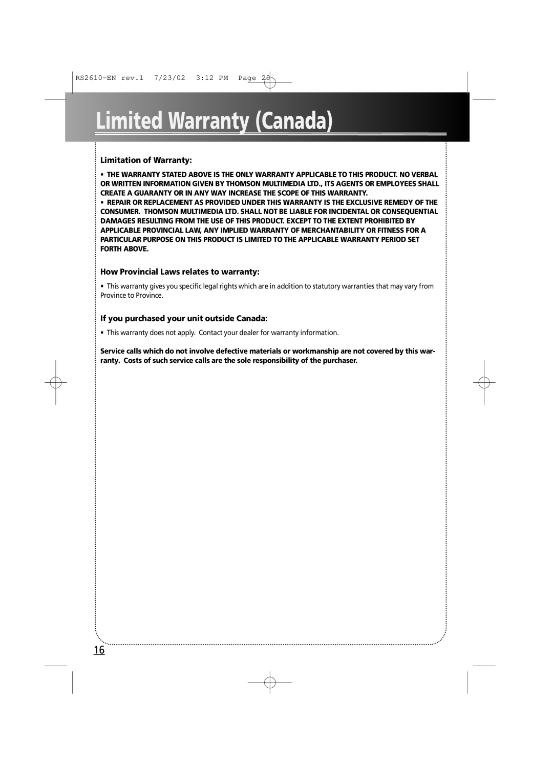 RCA RS2610 manual If you purchased your unit outside Canada 