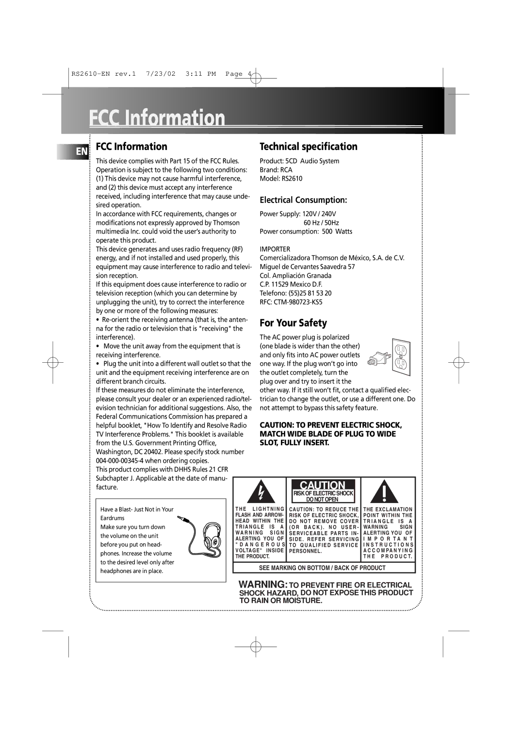 RCA RS2610 manual EN FCC Information, For Your Safety, Technical specification, Electrical Consumption 