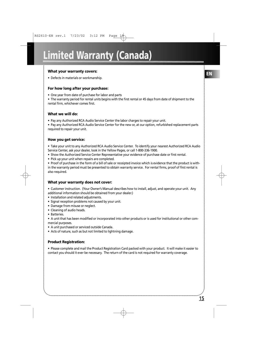 RCA RS2610 manual Limited Warranty Canada, What your warranty covers, For how long after your purchase, What we will do 