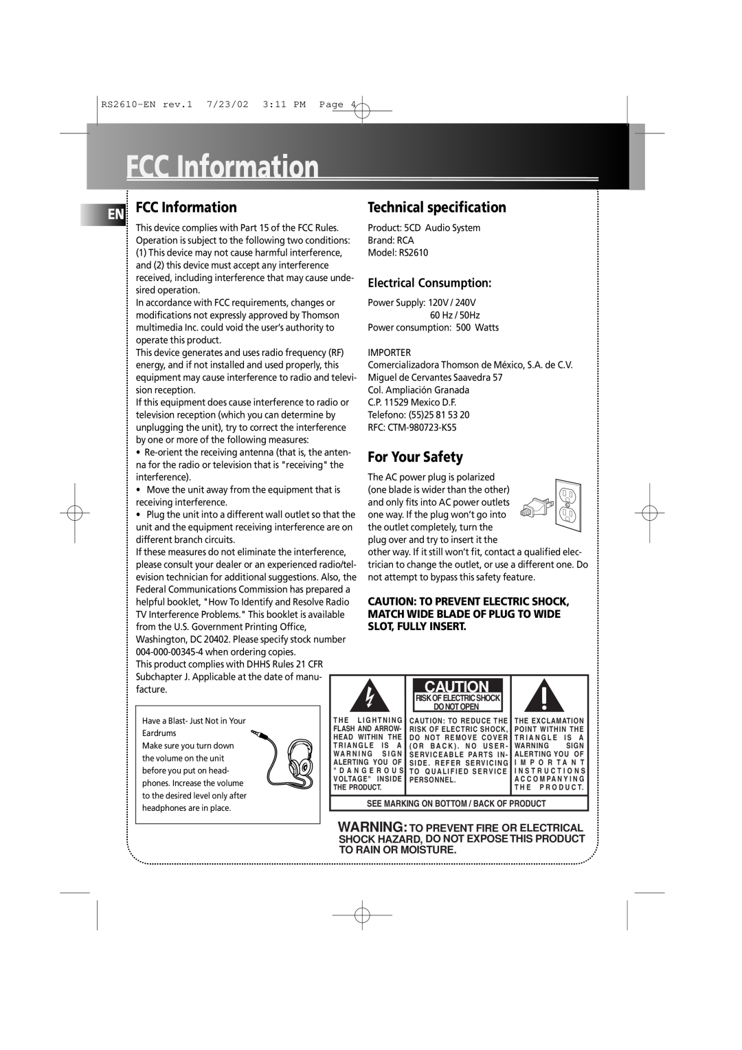 RCA RS2610 manual EN FCC Information, For Your Safety, Caution To Prevent Electric Shock, Slot, Fully Insert 