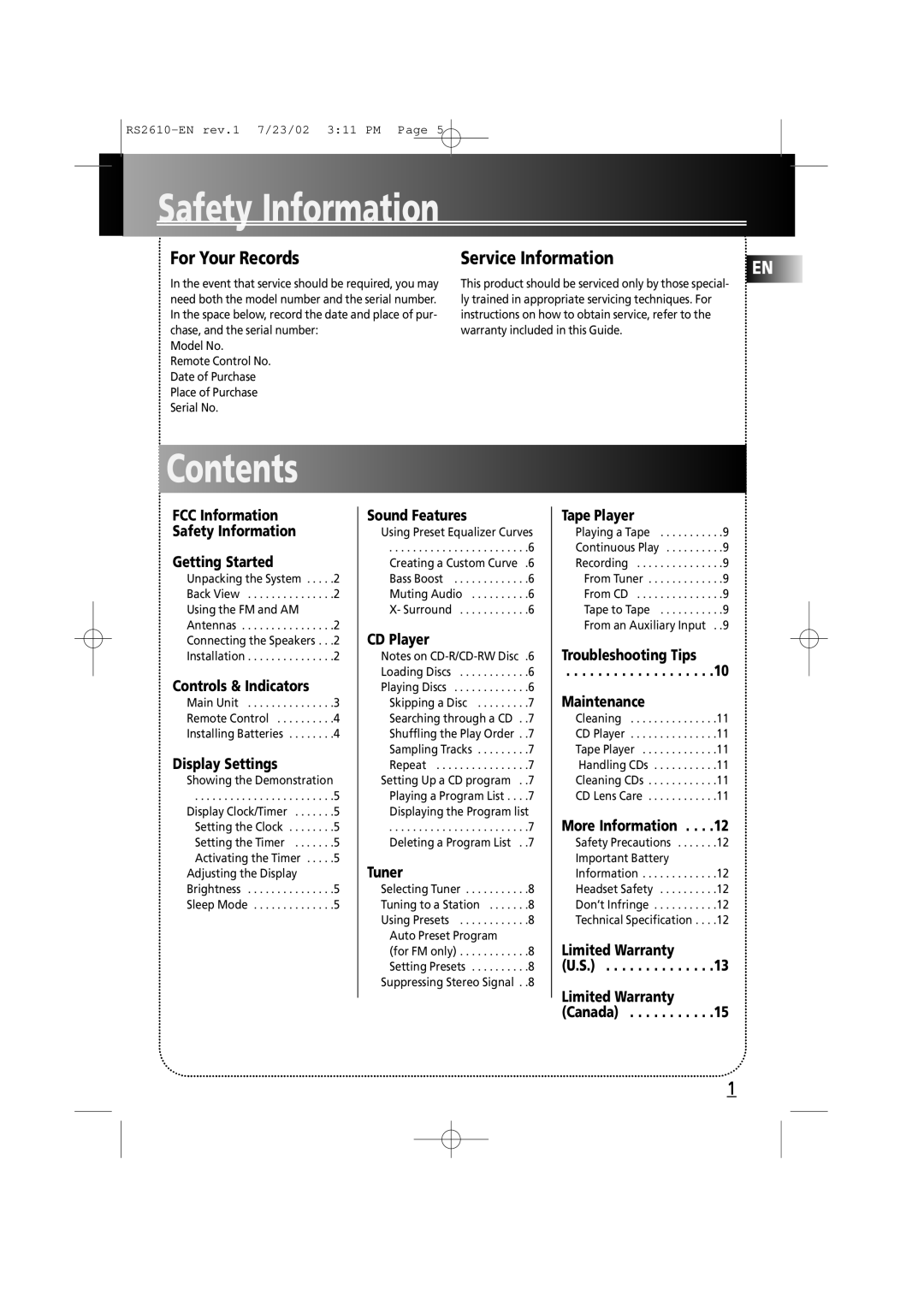 RCA RS2610 manual Safety Information, Contents, For Your Records, Service Information 
