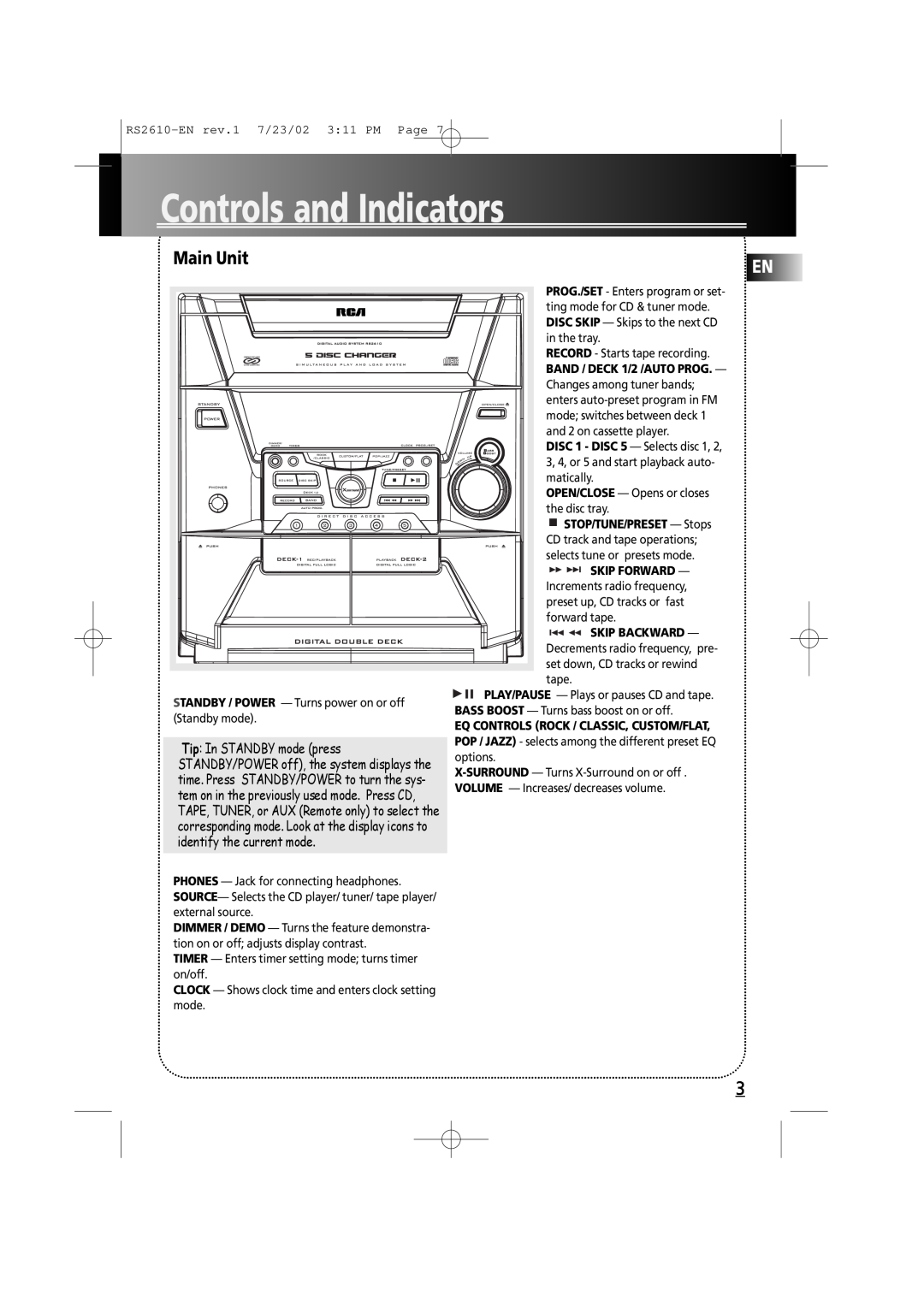 RCA RS2610 manual Controls and Indicators, Main Unit 