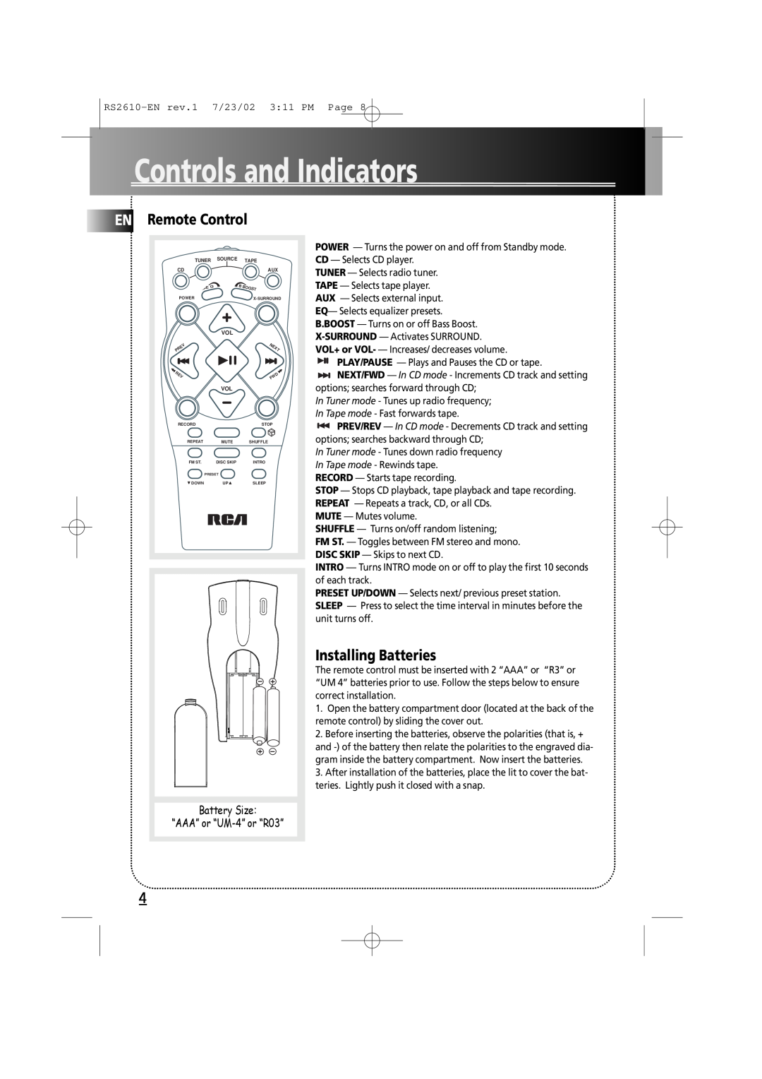 RCA RS2610 manual EN Remote Control, Installing Batteries, Controls and Indicators, Battery Size “AAA” or “UM-4”or “R03” 