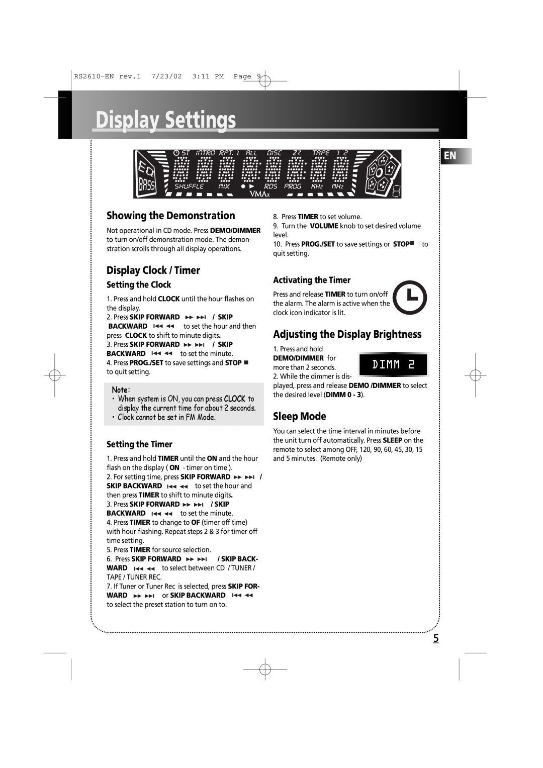 RCA RS2610 manual Display Settings, Showing the Demonstration, Display Clock / Timer, Adjusting the Display Brightness 