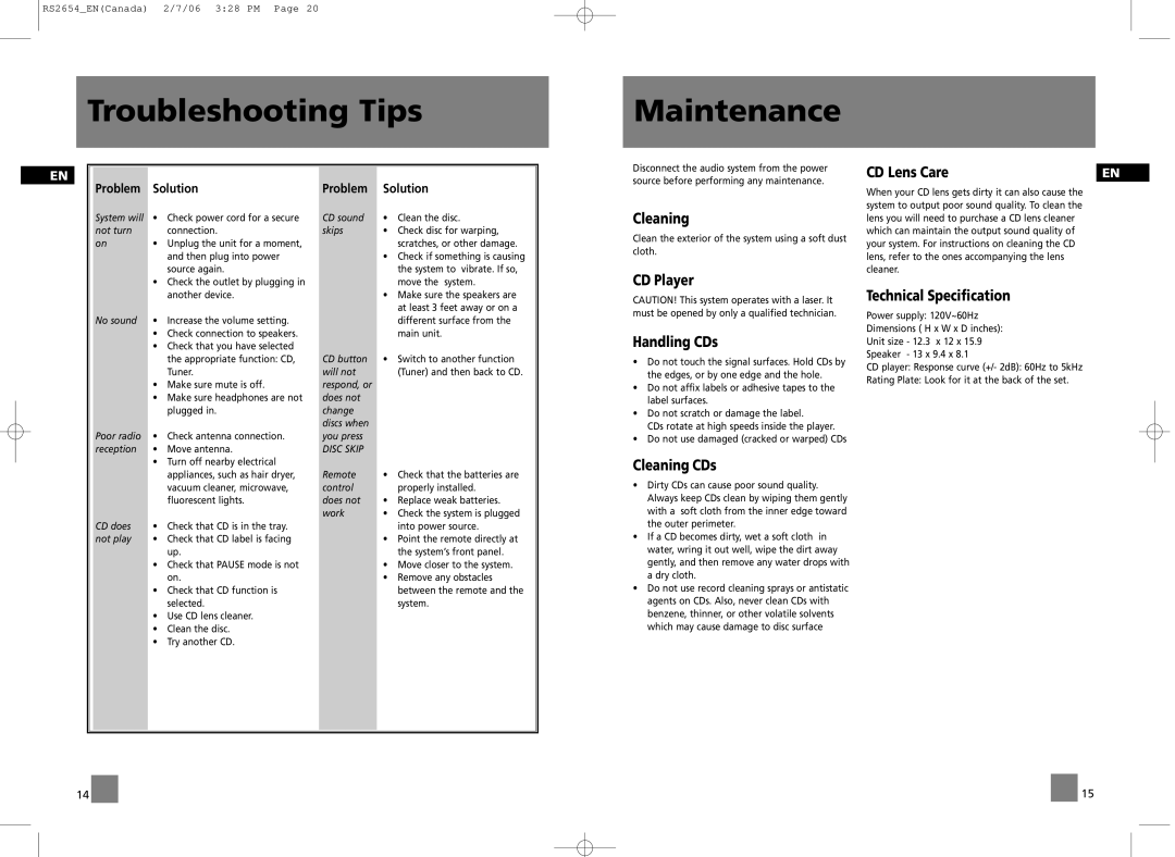 RCA RS2654 user manual Troubleshooting Tips Maintenance, CD Player Handling CDs, Cleaning CDs, CD Lens Care 