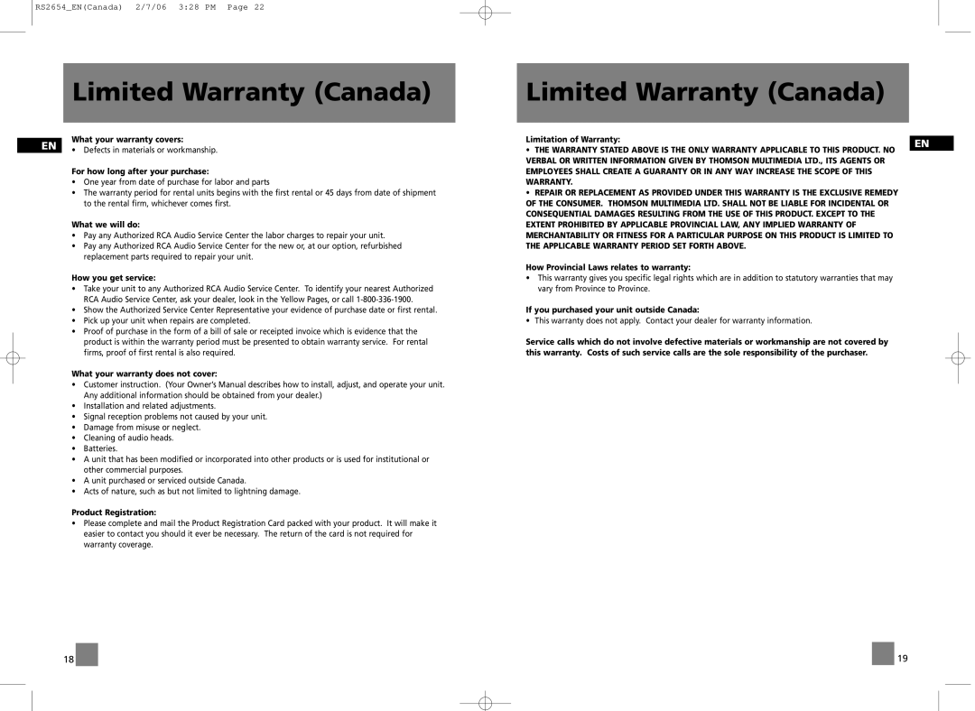 RCA RS2654 user manual Limited Warranty Canada 