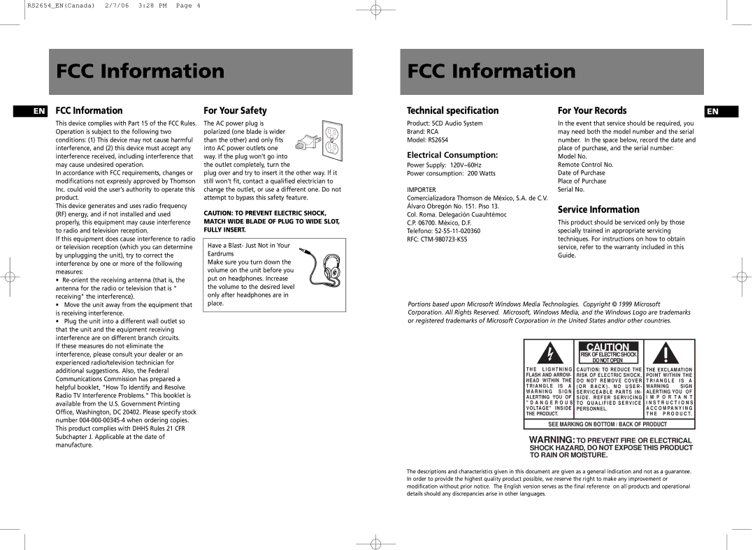 RCA RS2654 user manual FCC Information 