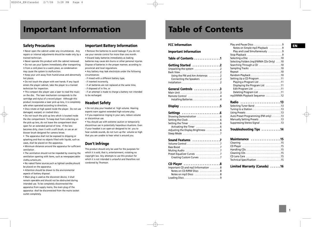 RCA RS2654 user manual Important Information Table of Contents 