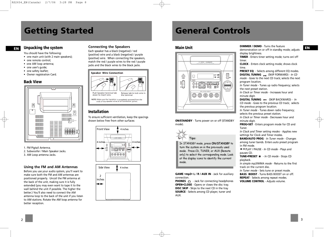 RCA RS2654 user manual Getting Started General Controls 