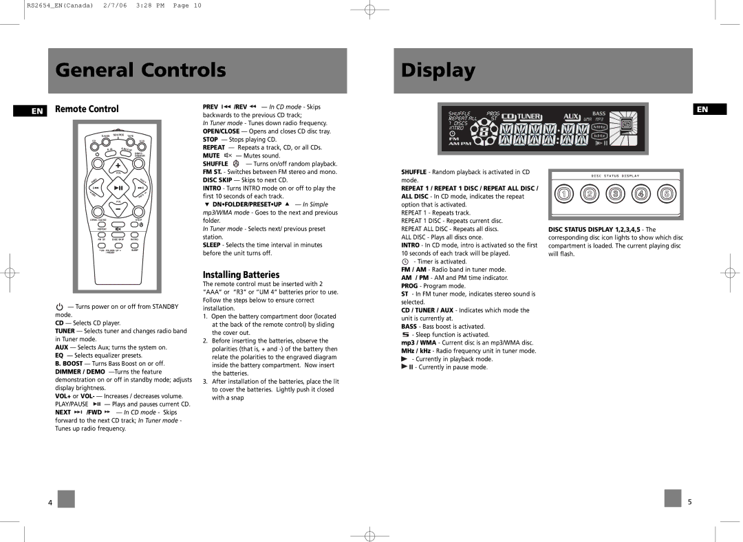 RCA RS2654 General Controls Display, EN Remote Control, Installing Batteries, Backwards to the previous CD track 