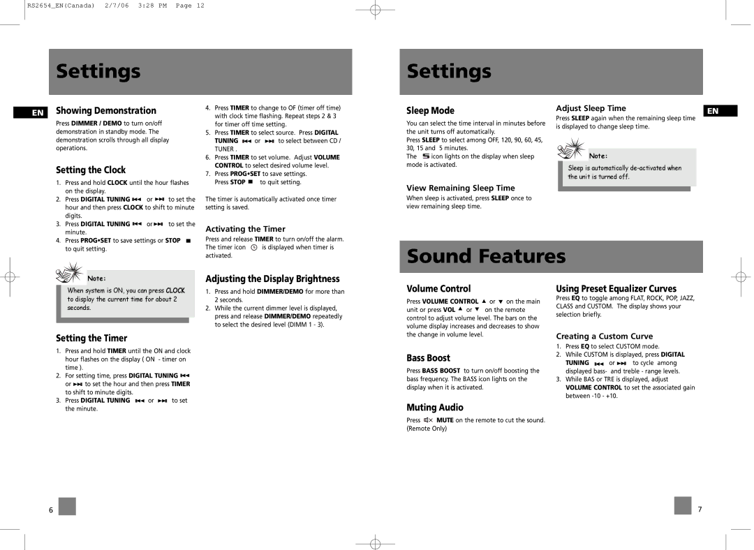 RCA RS2654 user manual Settings, Sound Features 