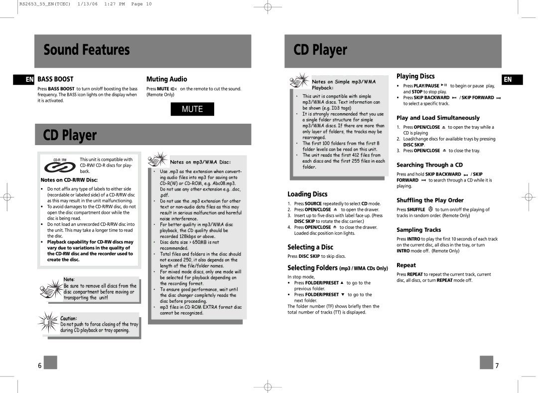 RCA RS2653, RS2655 user manual Sound Features CD Player, Muting Audio, Playing Discs, Loading Discs, Selecting a Disc 