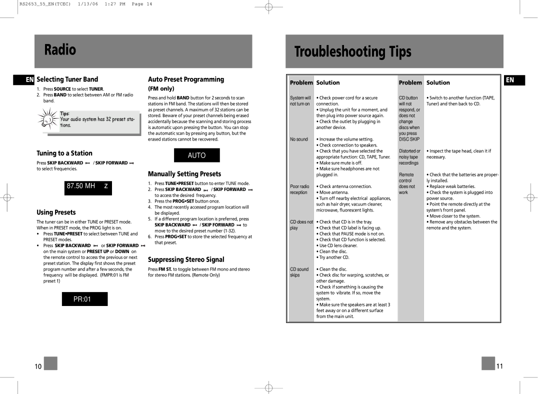 RCA RS2653, RS2655 user manual Radio, Troubleshooting Tips 