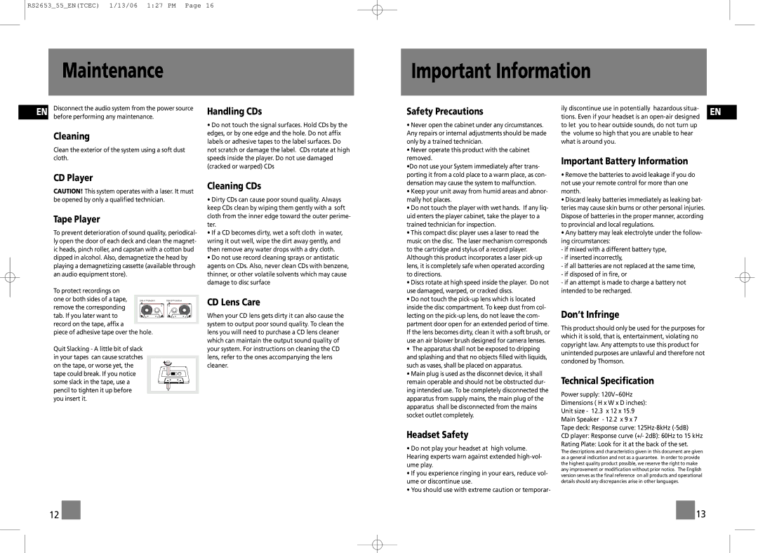 RCA RS2655, RS2653 user manual Maintenance Important Information 