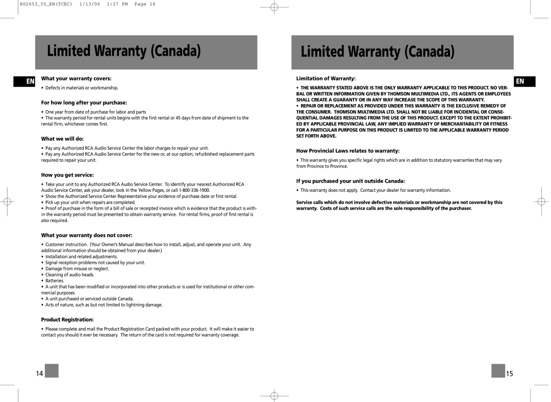 RCA RS2653, RS2655 user manual Limited Warranty Canada, For how long after your purchase 