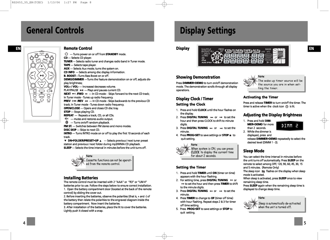 RCA RS2655, RS2653 Display Settings, Remote Control, Showing Demonstration, Installing Batteries, Display Clock / Timer 