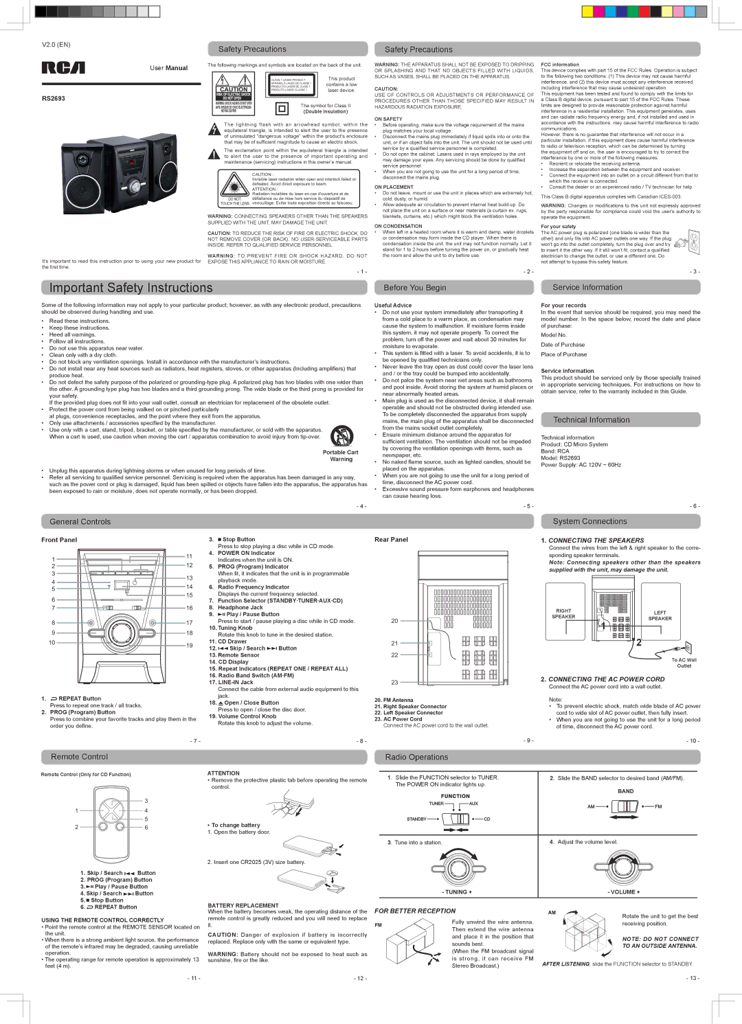 RCA RS2693 important safety instructions Safety Precautions, Before You Begin Service Information, Technical Information 